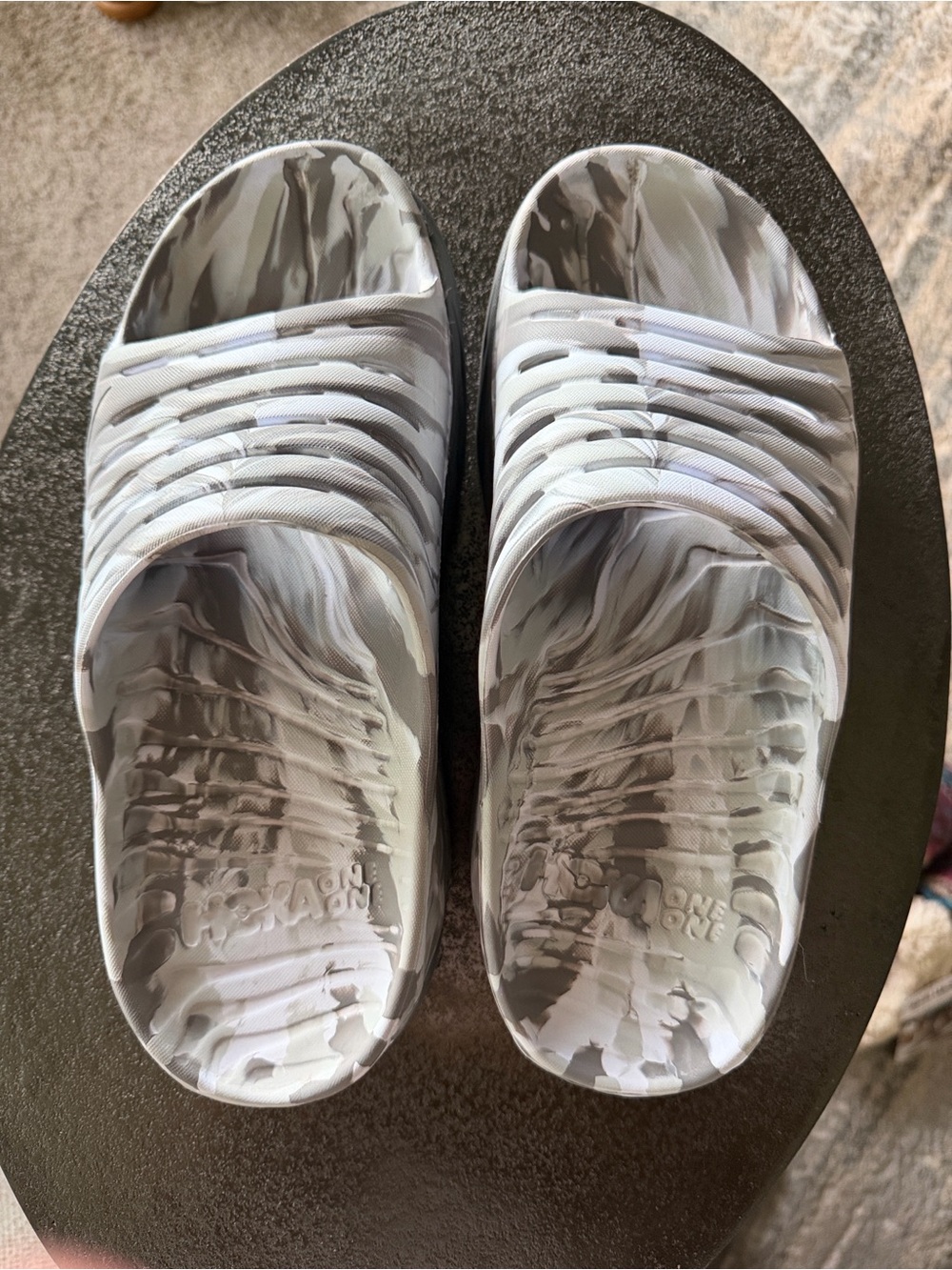 Hoka One One Women's Marbled Slide Sandals in White and Gray W 10 M 8